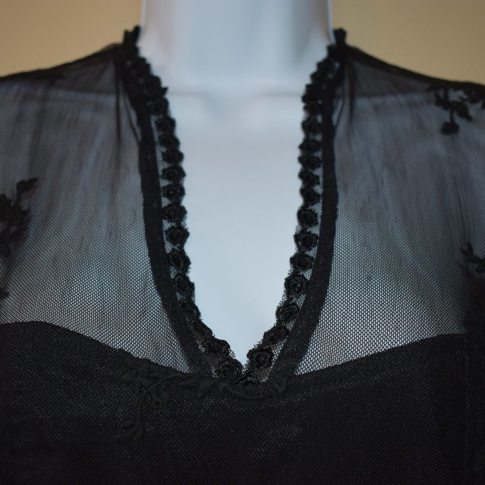 Unique Women's Black Corset Style Top with Sheer Sleeves